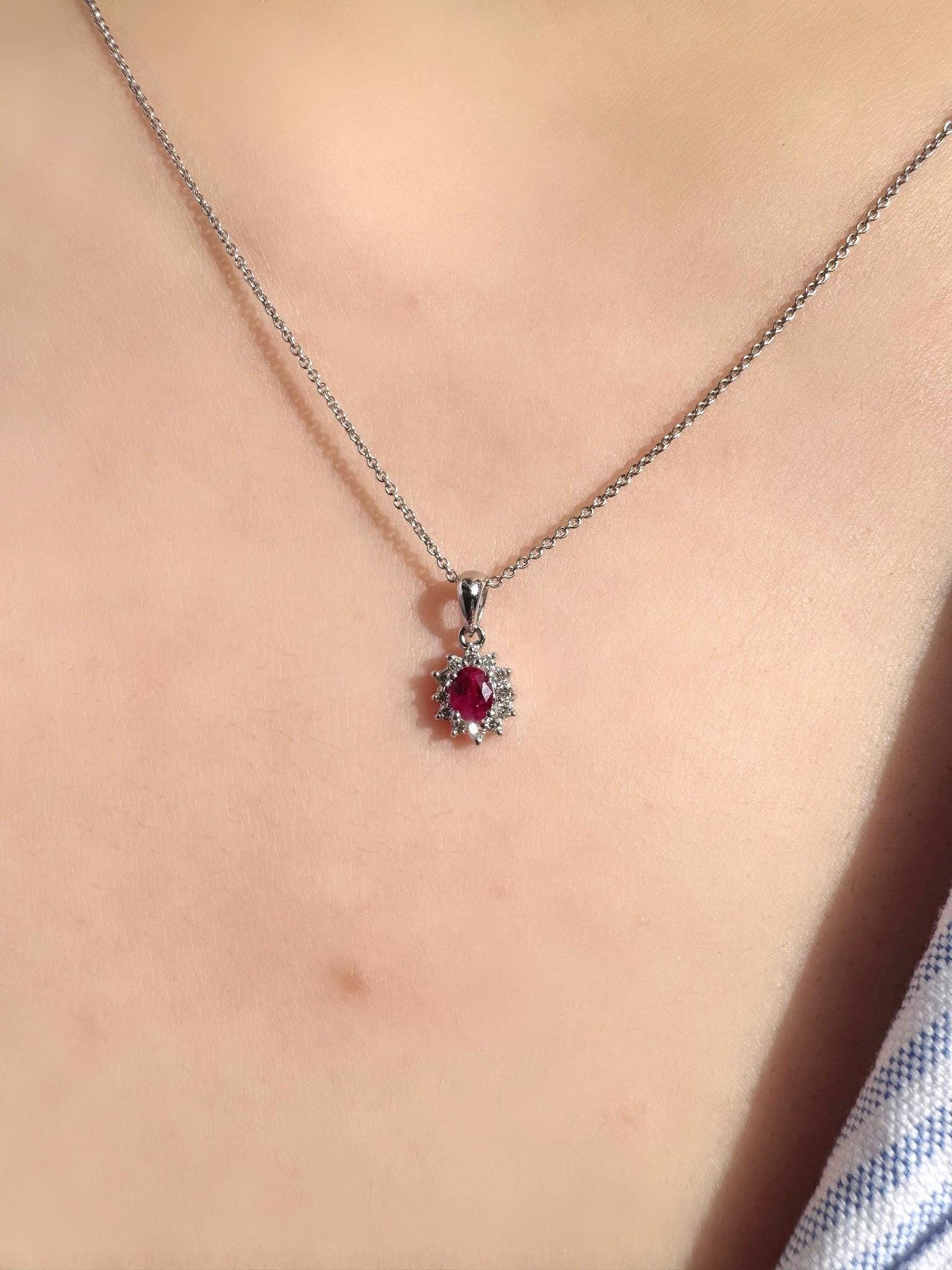 Genuine Oval Ruby and Diamond Solaris Halo Pendant in 18k Solid Gold