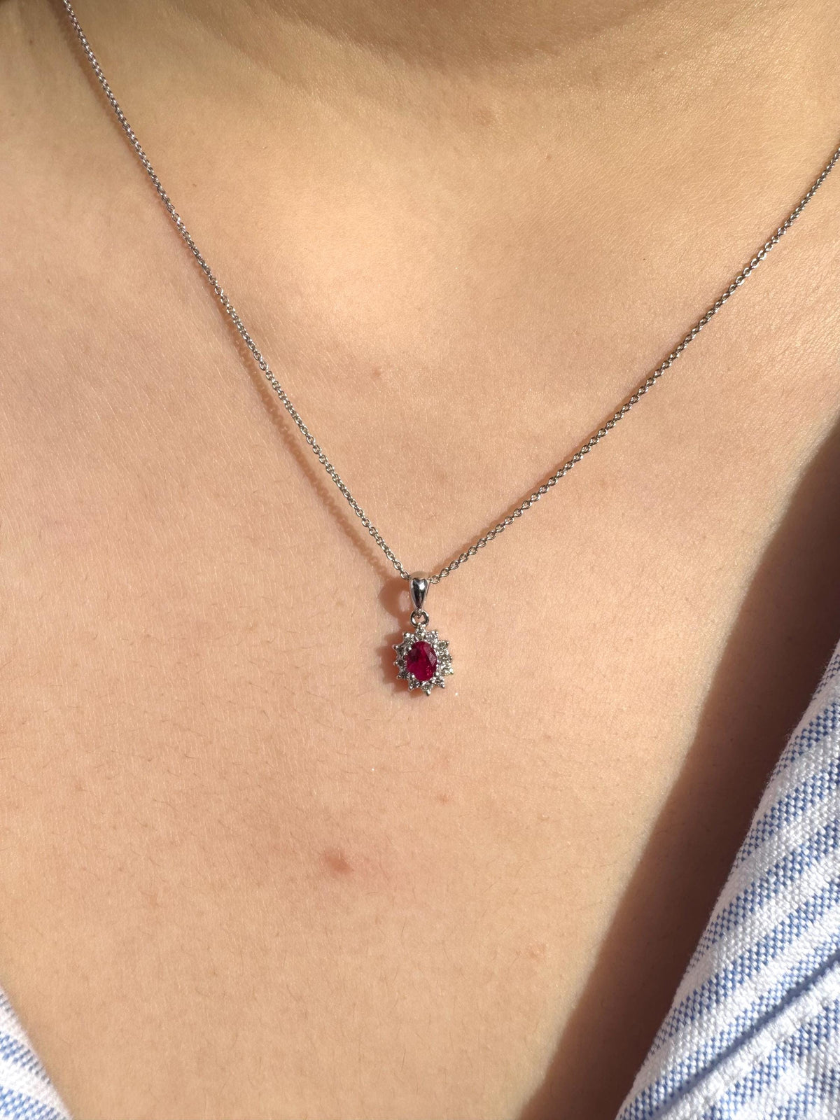 Genuine Oval Ruby and Diamond Solaris Halo Pendant in 18k Solid Gold