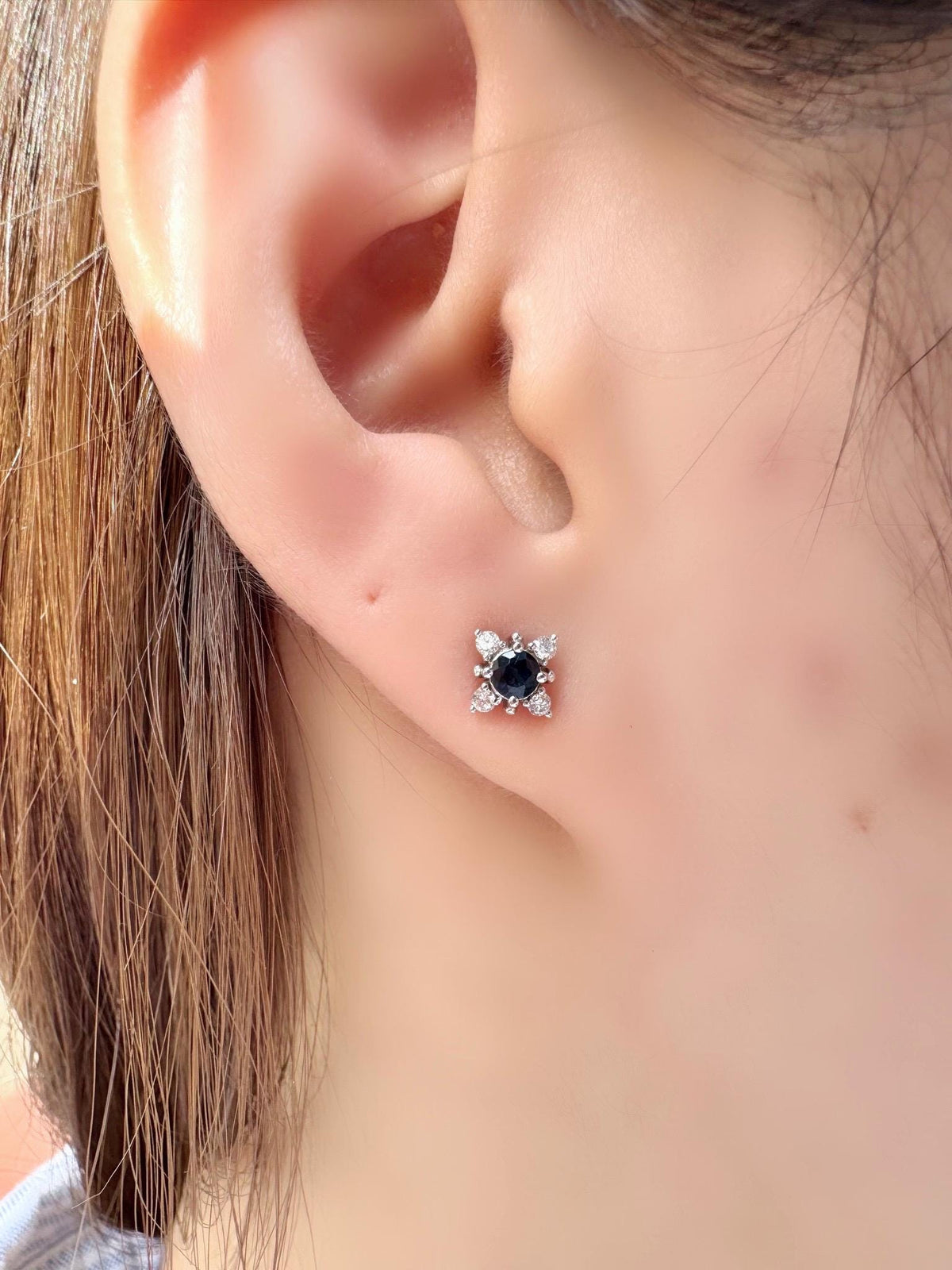 Genuine Round Sapphire and Diamond Earrings in 18k Solid White Gold