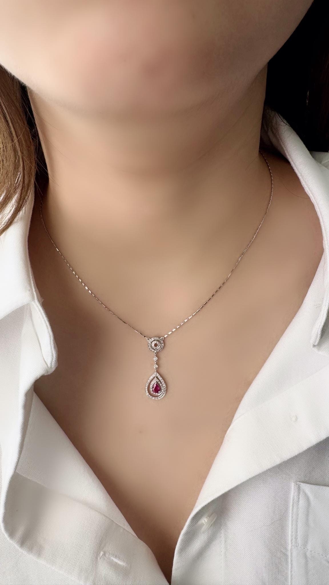 Genuine 0.45 ct Teardrop Ruby and Diamond Necklace in 18k Solid White Gold
