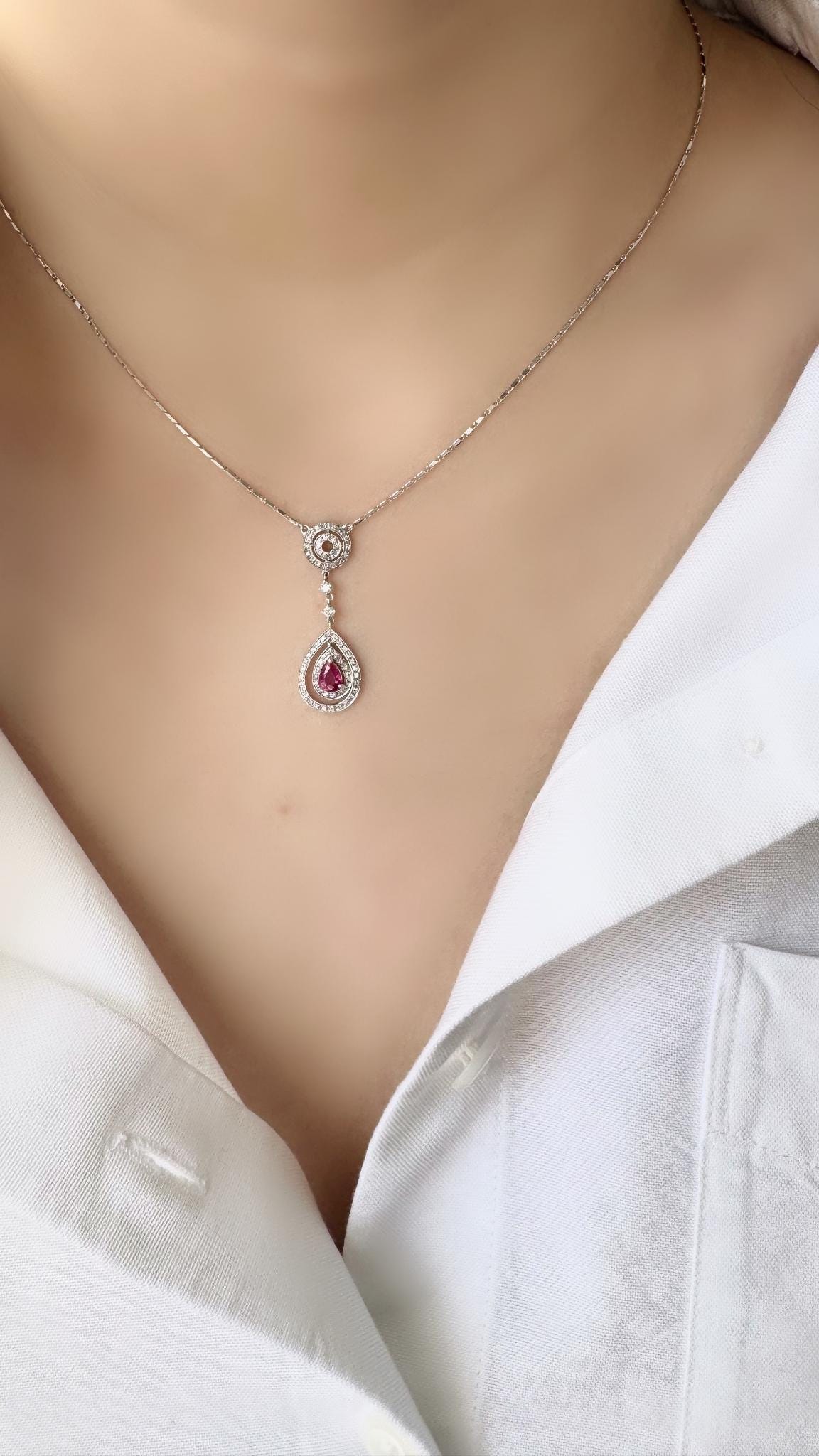 Genuine 0.45 ct Teardrop Ruby and Diamond Necklace in 18k Solid White Gold
