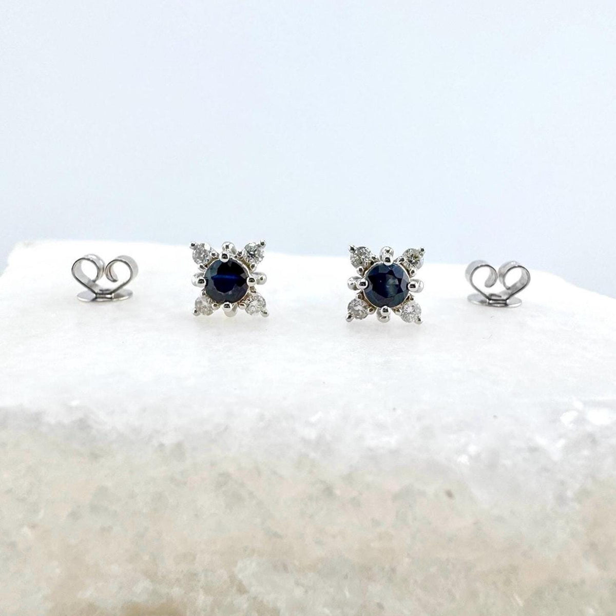 Genuine Round Sapphire and Diamond Earrings in 18k Solid White Gold