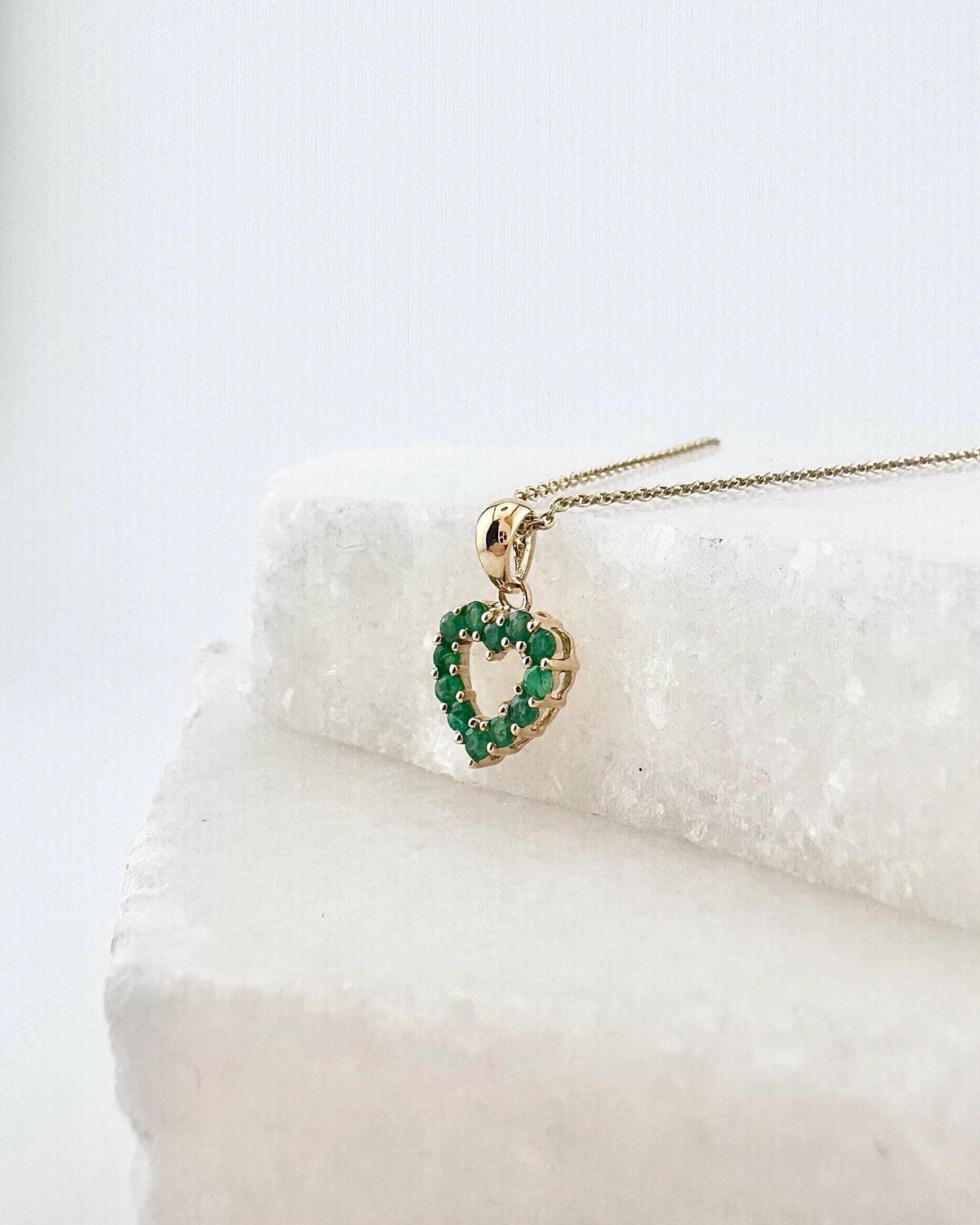 14k Solid Gold Emerald Heart Outline Pendant, Natural Emeralds, May Birthstone Gift