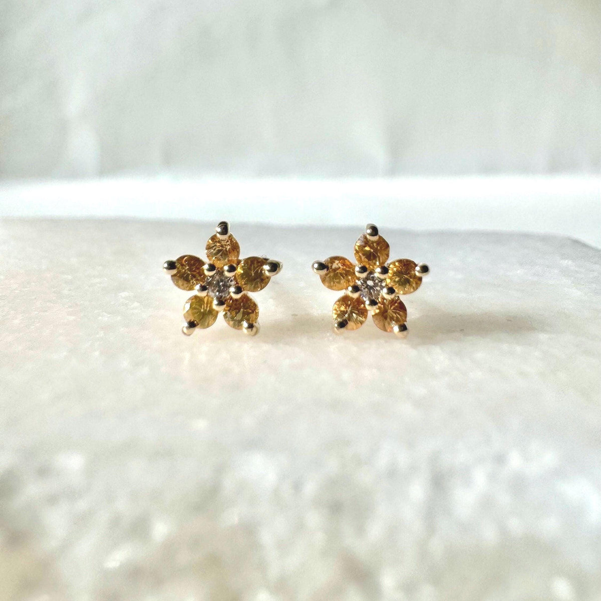 14k Solid Gold Orange Sapphire Diamond Flower Stud Earrings – Dainty Gemstone Pair