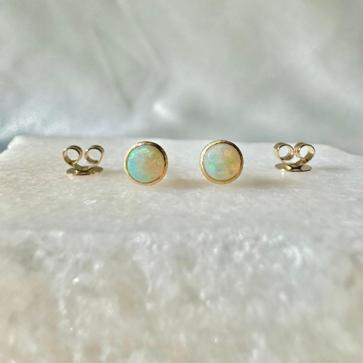 Genuine Fiery Round Opal Bezel Studs with Satin Finish | 14k Solid Gold