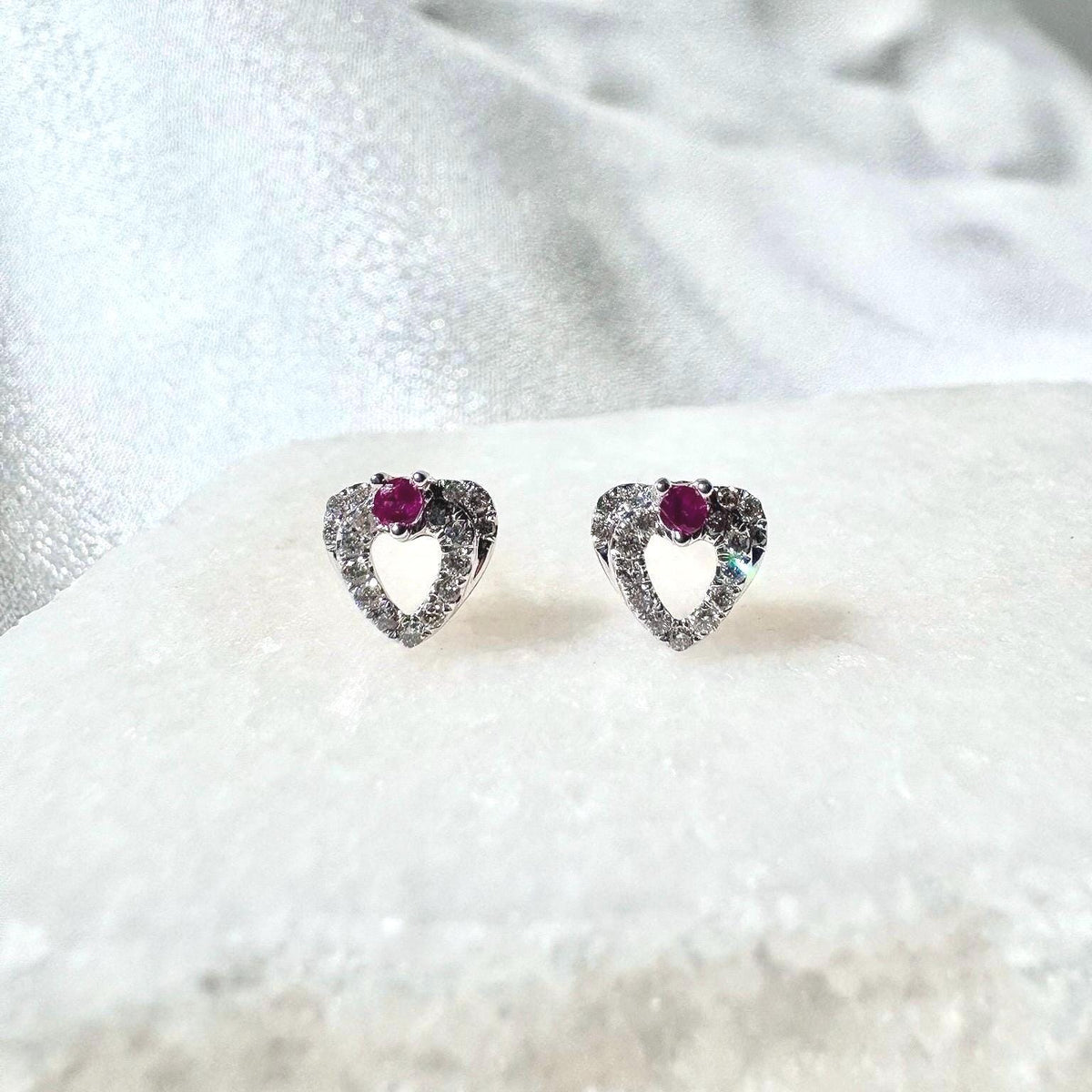 Genuine Ruby and Diamond Heart Stud Earrings in 18k Solid White Gold