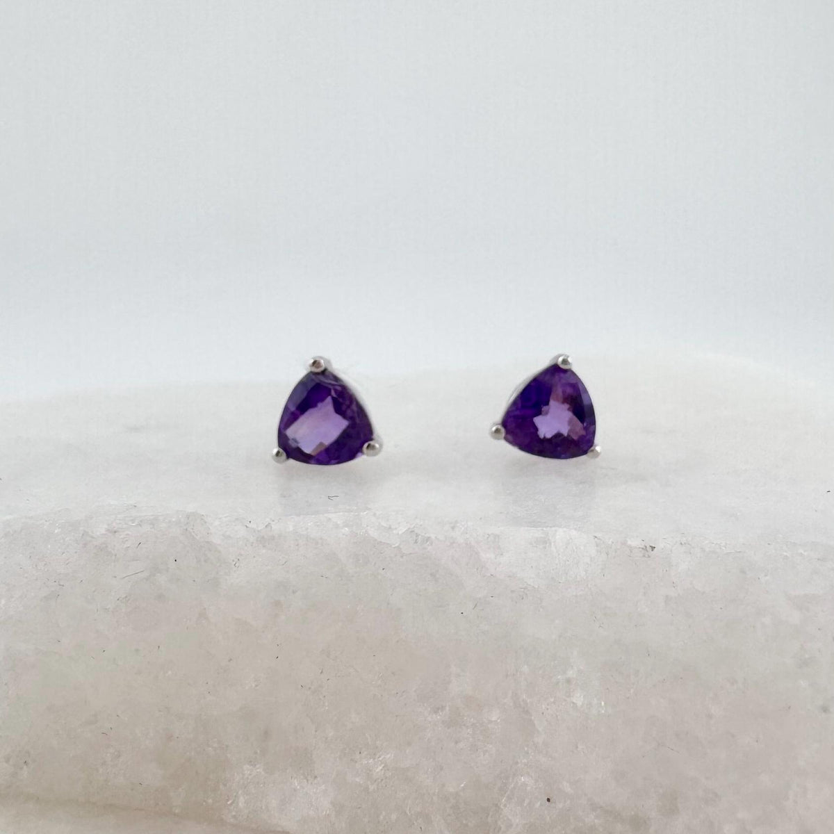 Genuine Amethyst Trillion Cut Stud Earrings, 14k Solid White Gold, February Birthstone, Gift for Her