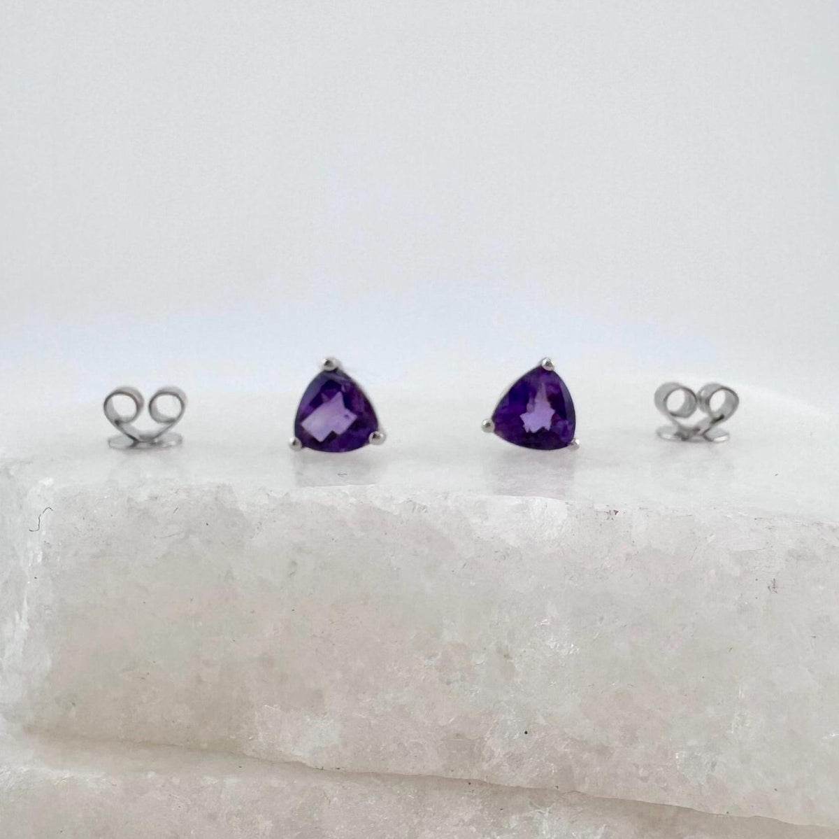 Genuine Amethyst Trillion Cut Stud Earrings, 14k Solid White Gold, February Birthstone, Gift for Her