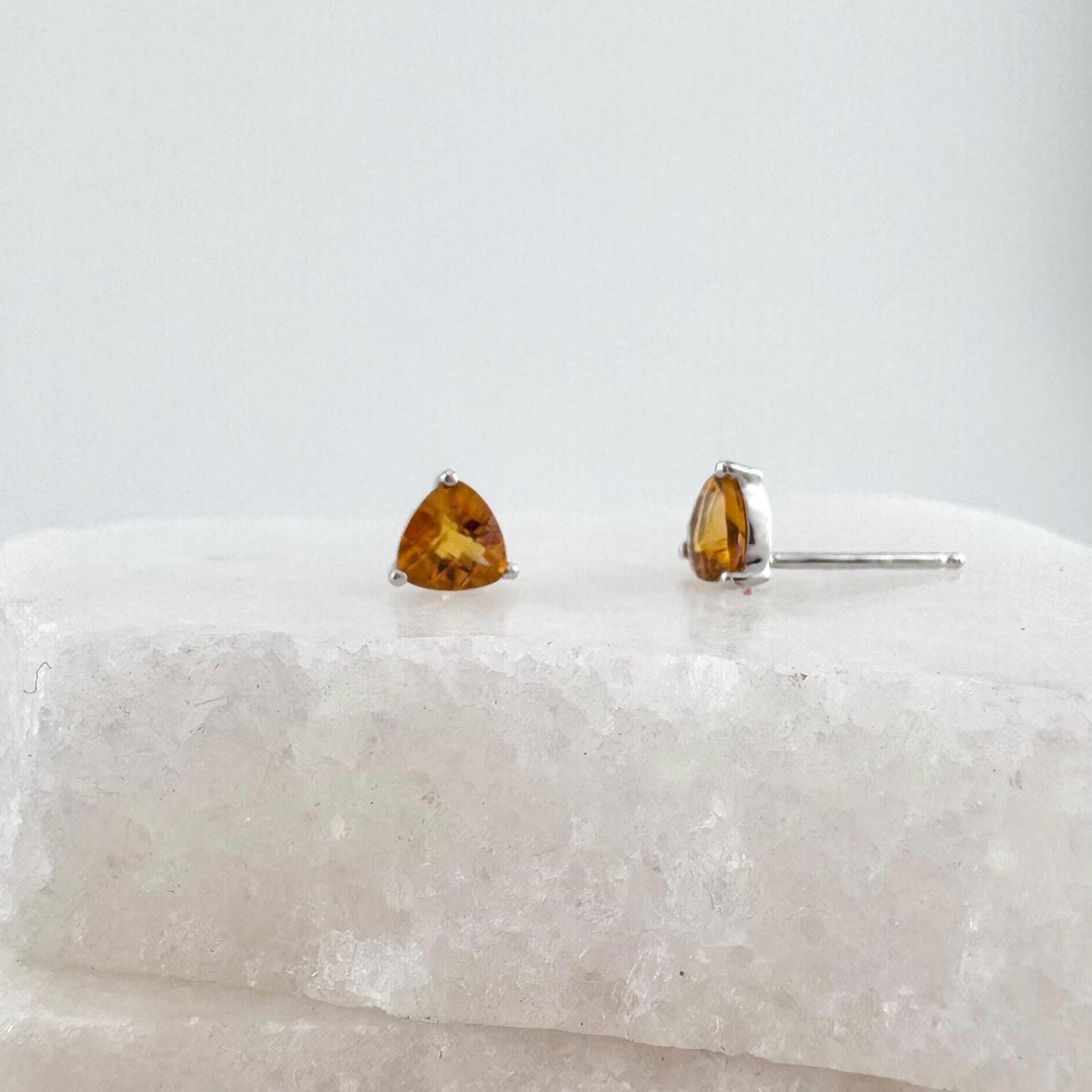 Genuine Citrine Trillion Cut Stud Earrings, 14k White Gold, November Birthstone
