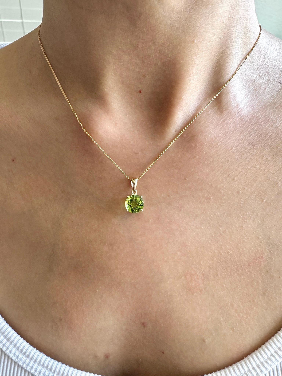 Genuine Peridot Solitaire Round 7mm Pendant in 14k Solid Gold