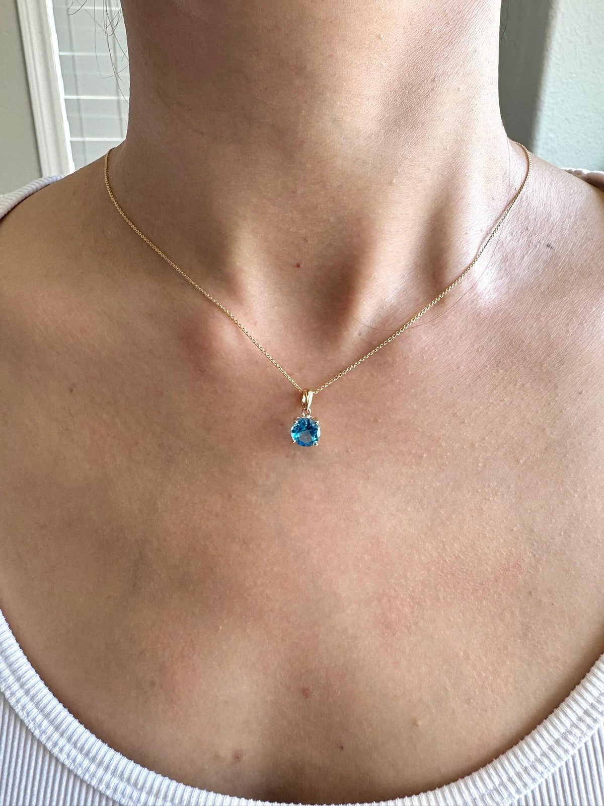 Genuine Blue Topaz Solitaire Round Cut Pendant, 7mm, 14k Solid Gold, December Birthstone