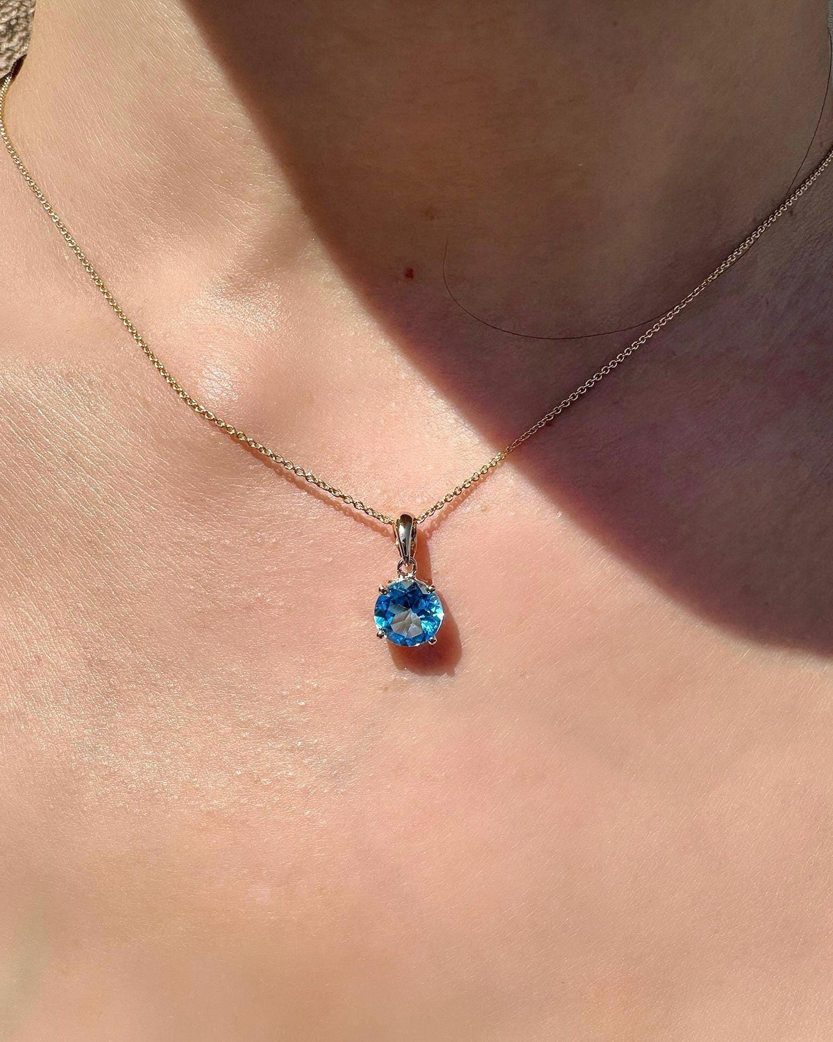 Genuine Blue Topaz Solitaire Round Cut Pendant, 7mm, 14k Solid Gold, December Birthstone
