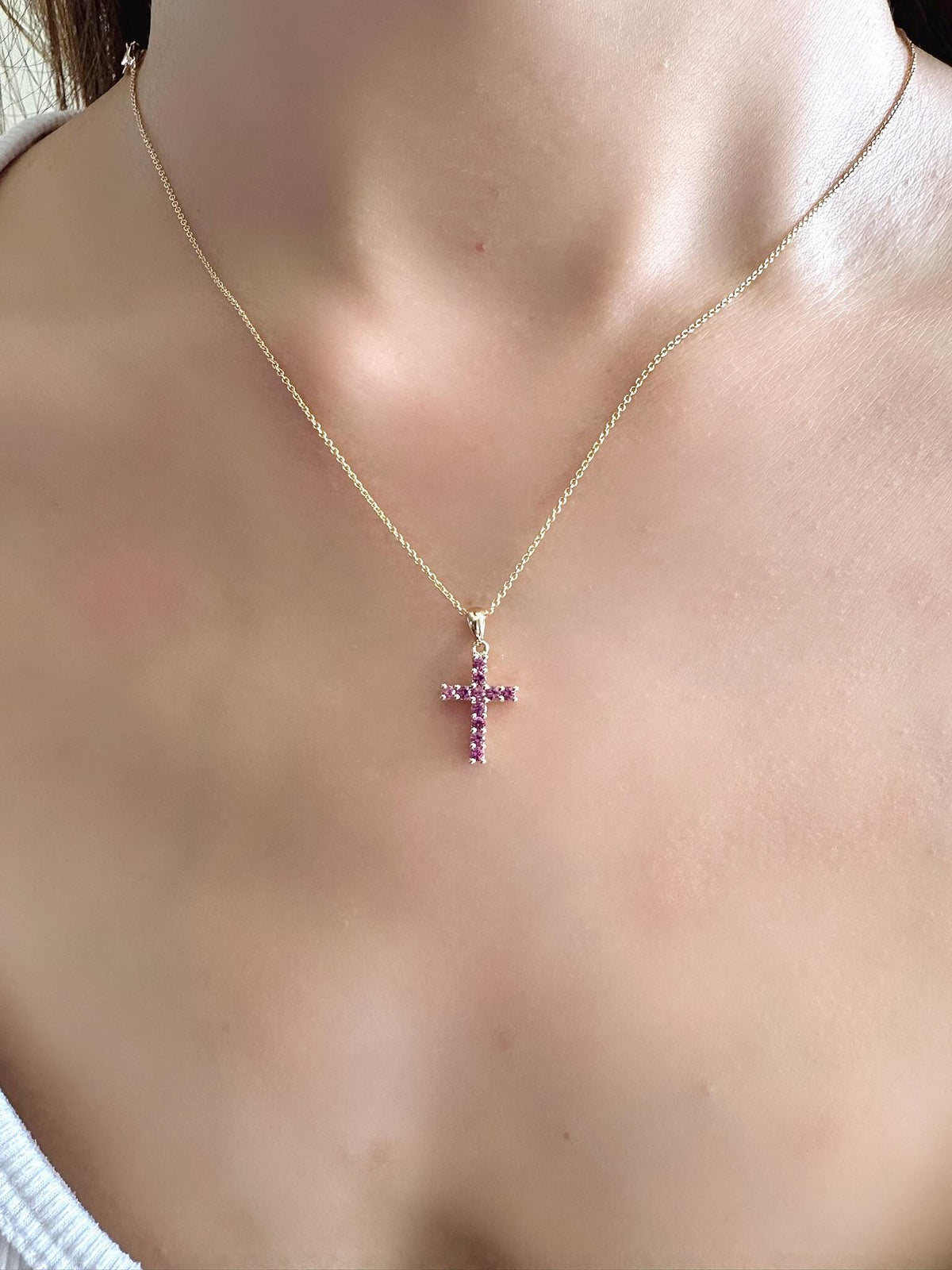Genuine Deep Pink Sapphire Cross Pendant, Medium, 14k Solid Yellow Gold, September Birthstone