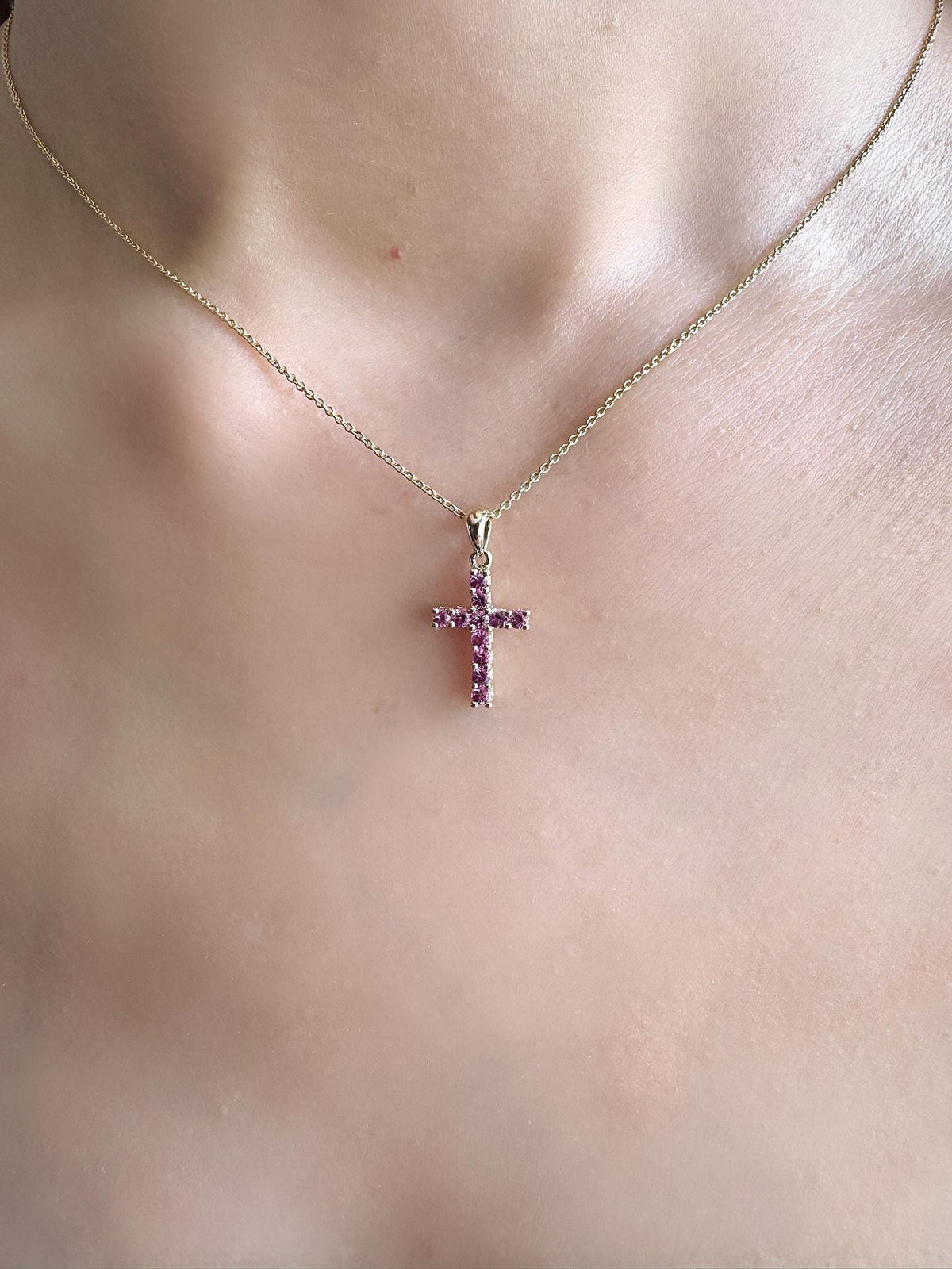 Genuine Deep Pink Sapphire Cross Pendant, Medium, 14k Solid Yellow Gold, September Birthstone