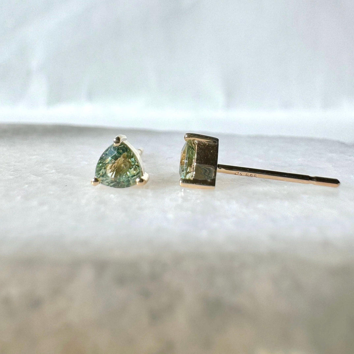 Genuine Green Sapphire Trillion Cut Stud Earrings / 14k Solid Gold