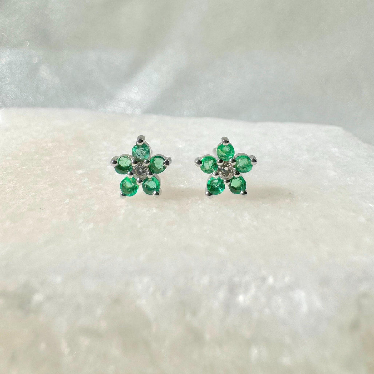 Genuine Emerald and Diamond Flower Stud Earrings / 14k Solid Gold