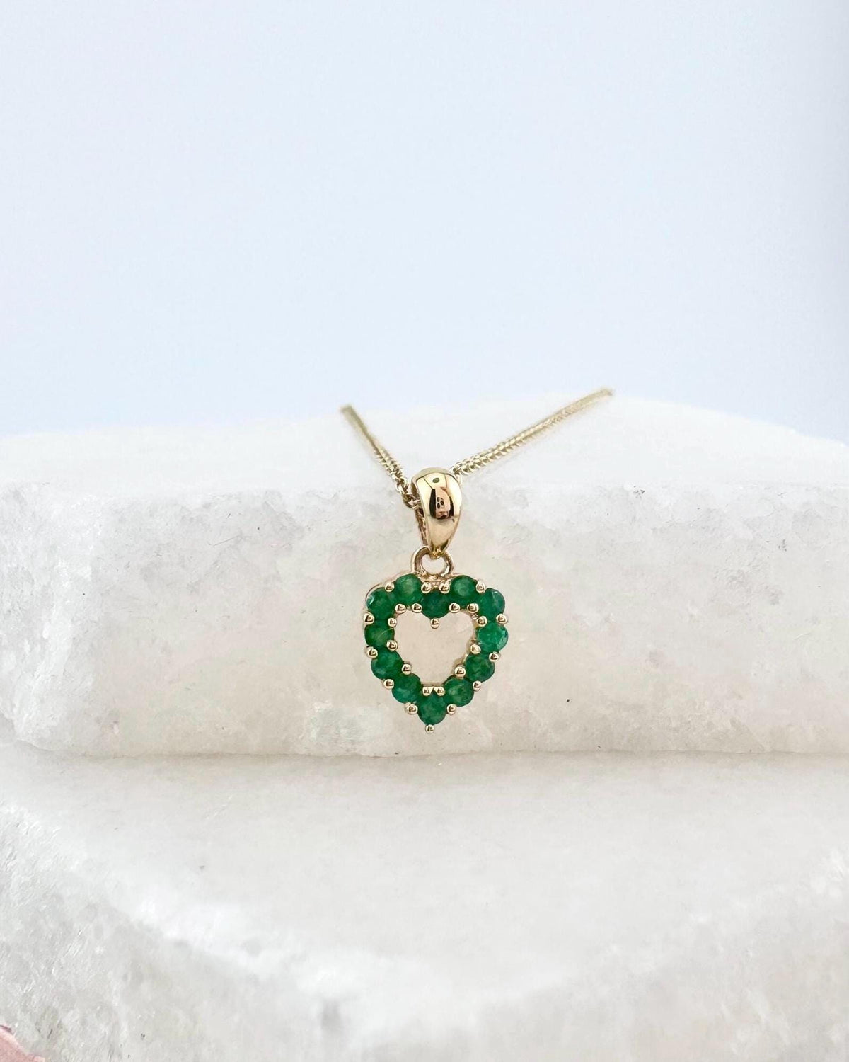 14k Solid Gold Emerald Heart Outline Pendant, Natural Emeralds, May Birthstone Gift