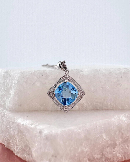 Genuine Cushion Blue Topaz and Diamond Pendant | 14k Solid Gold