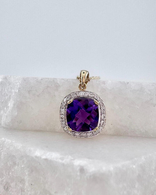 Genuine Cushion Amethyst and Diamond Pendant in 18k Solid Yellow Gold