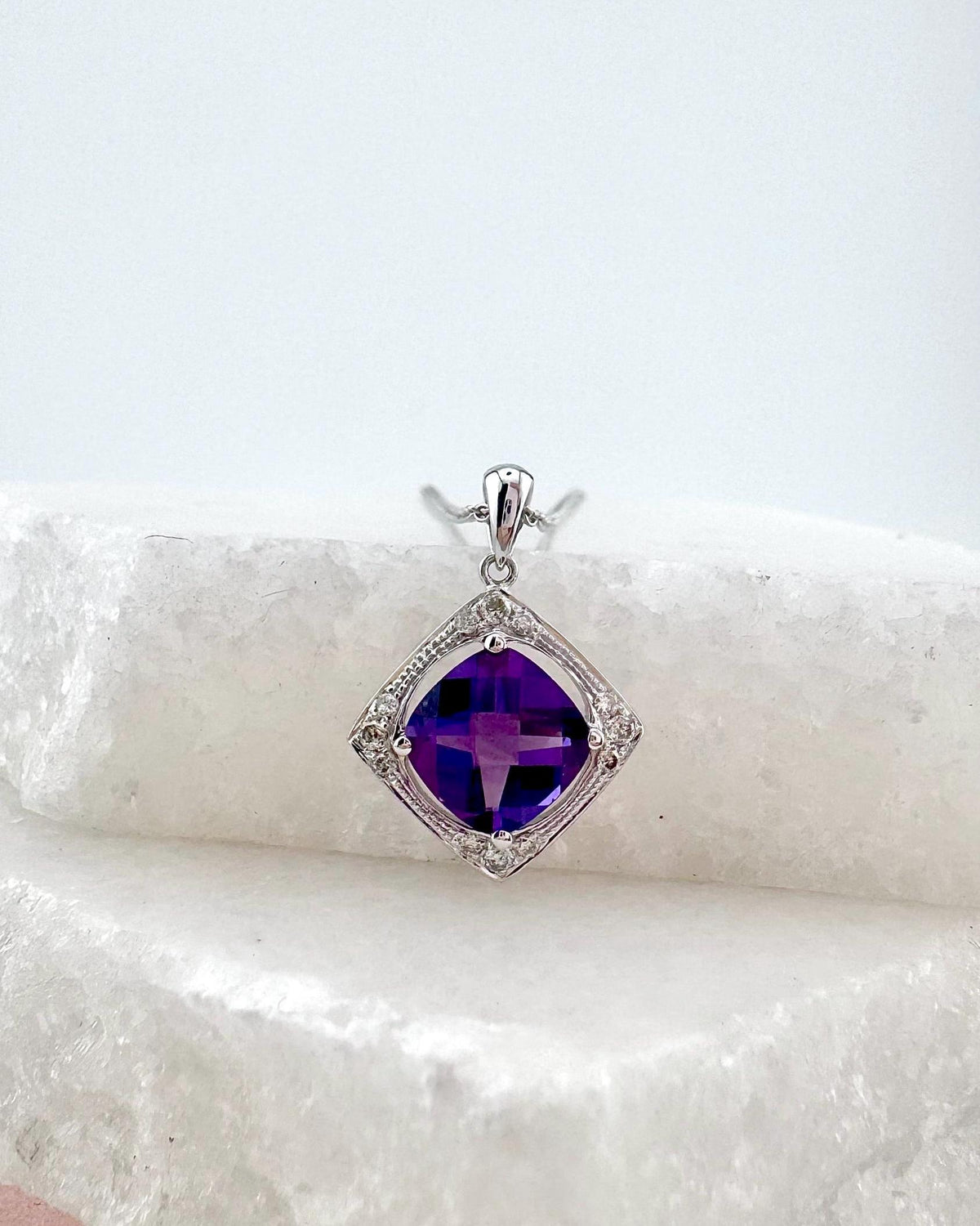 Genuine Cushion Amethyst and Diamond Pendant | 14k Solid Gold