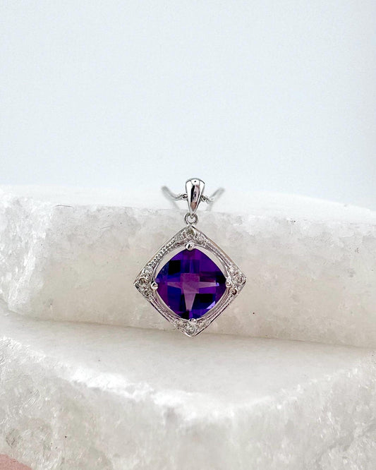 Genuine Cushion Amethyst and Diamond Pendant | 14k Solid Gold