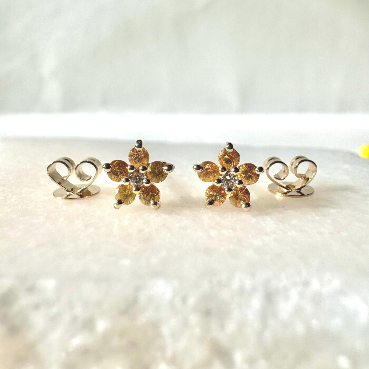 14k Solid Gold Orange Sapphire Diamond Flower Stud Earrings – Dainty Gemstone Pair