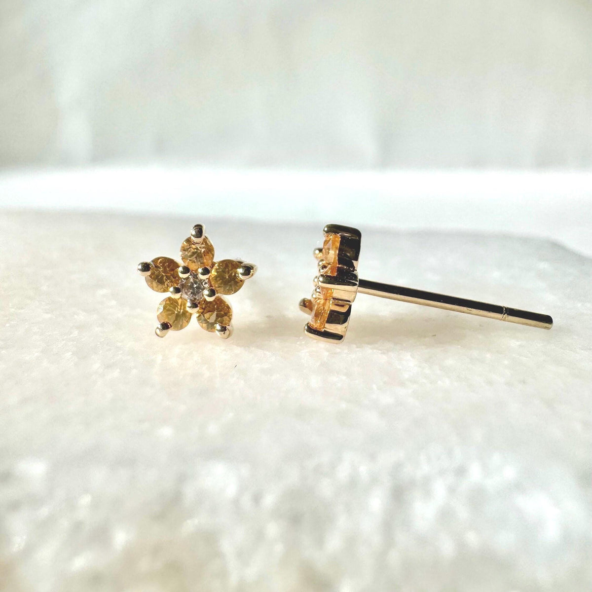 14k Solid Gold Orange Sapphire Diamond Flower Stud Earrings – Dainty Gemstone Pair