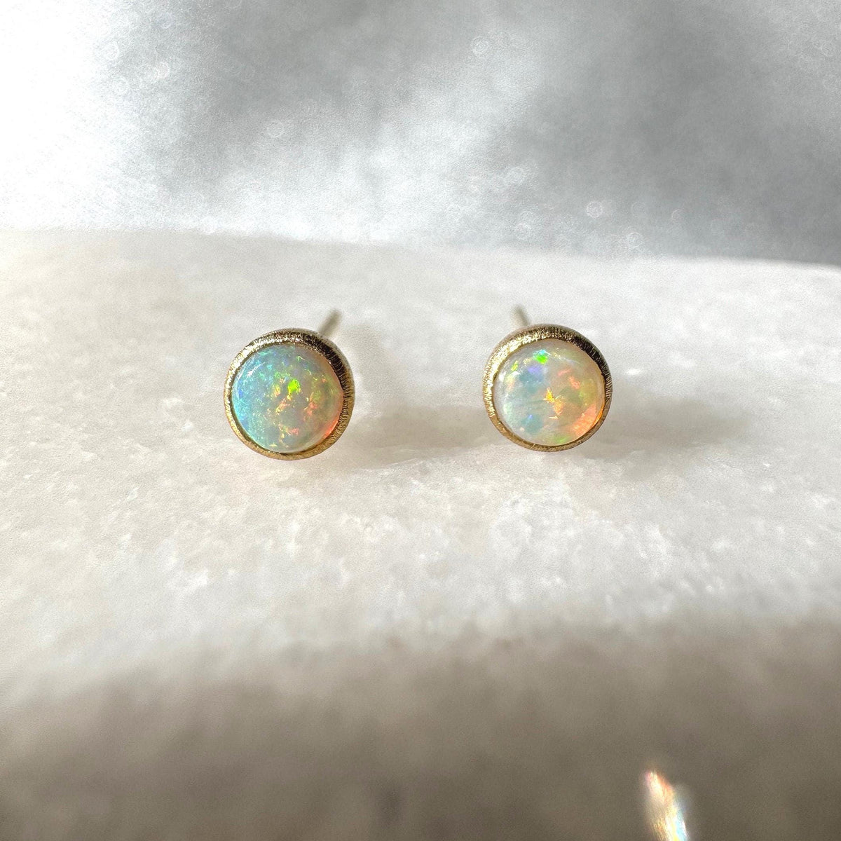 Genuine Fiery Round Opal Bezel Studs with Satin Finish | 14k Solid Gold