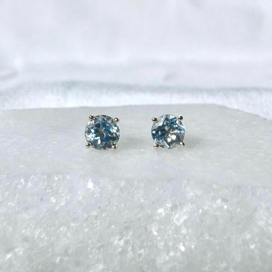 Genuine Aquamarine Round Cut Solitaire Stud Earrings, 4.8mm, 14k Solid Gold, March Birthstone