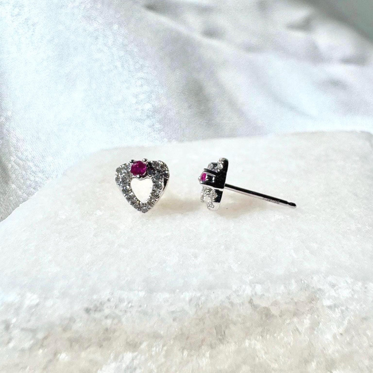 Genuine Ruby and Diamond Heart Stud Earrings in 18k Solid White Gold