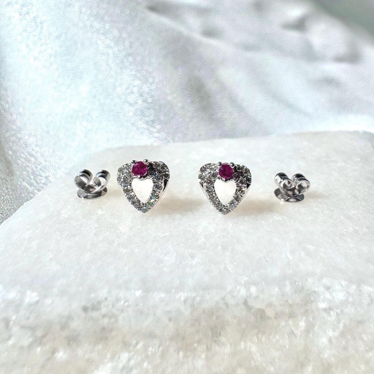 Genuine Ruby and Diamond Heart Stud Earrings in 18k Solid White Gold