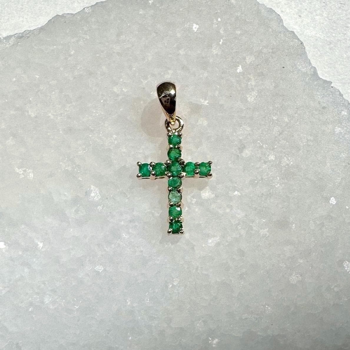 Genuine Emerald Cross Pendant (Mini) / 14k Solid Gold