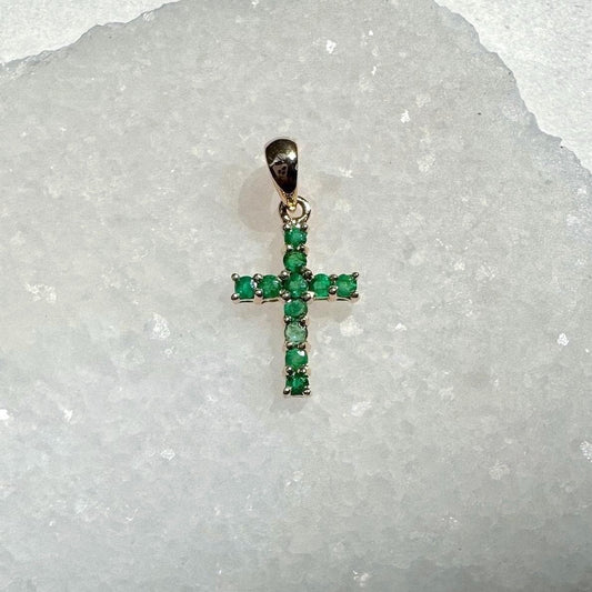 Genuine Emerald Cross Pendant (Mini) / 14k Solid Gold