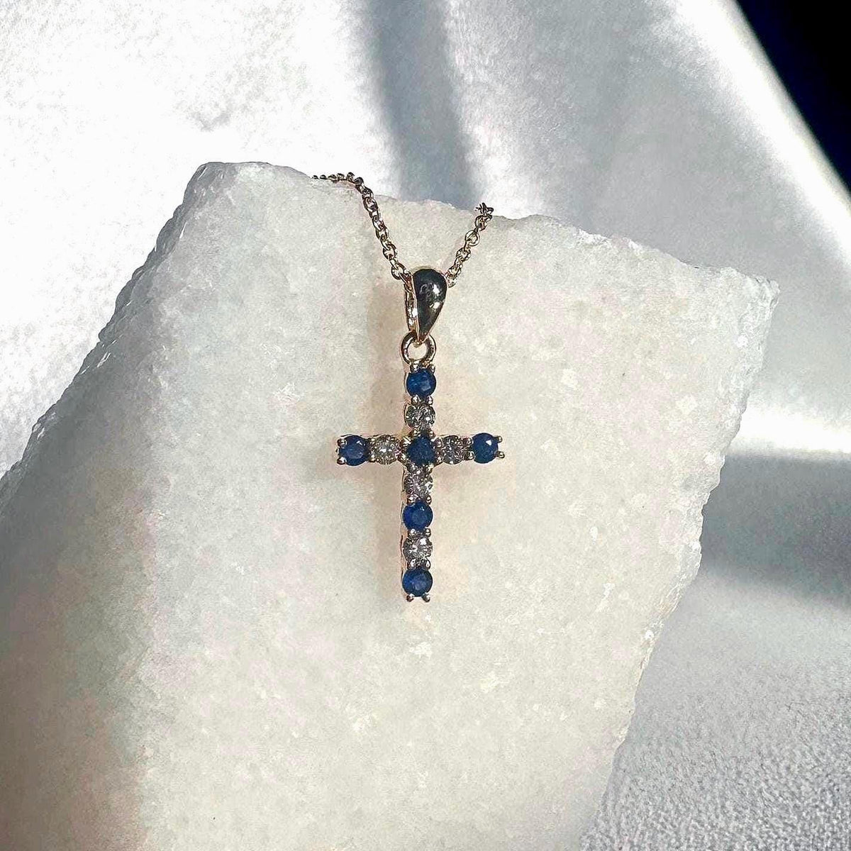 14k White Gold Sapphire Diamond Cross Pendant, September Birthstone Jewelry