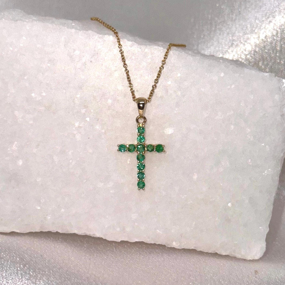 Genuine Emerald Round Cut Cross Pendant, Large, 14k Solid Gold, May Birthstone Gift