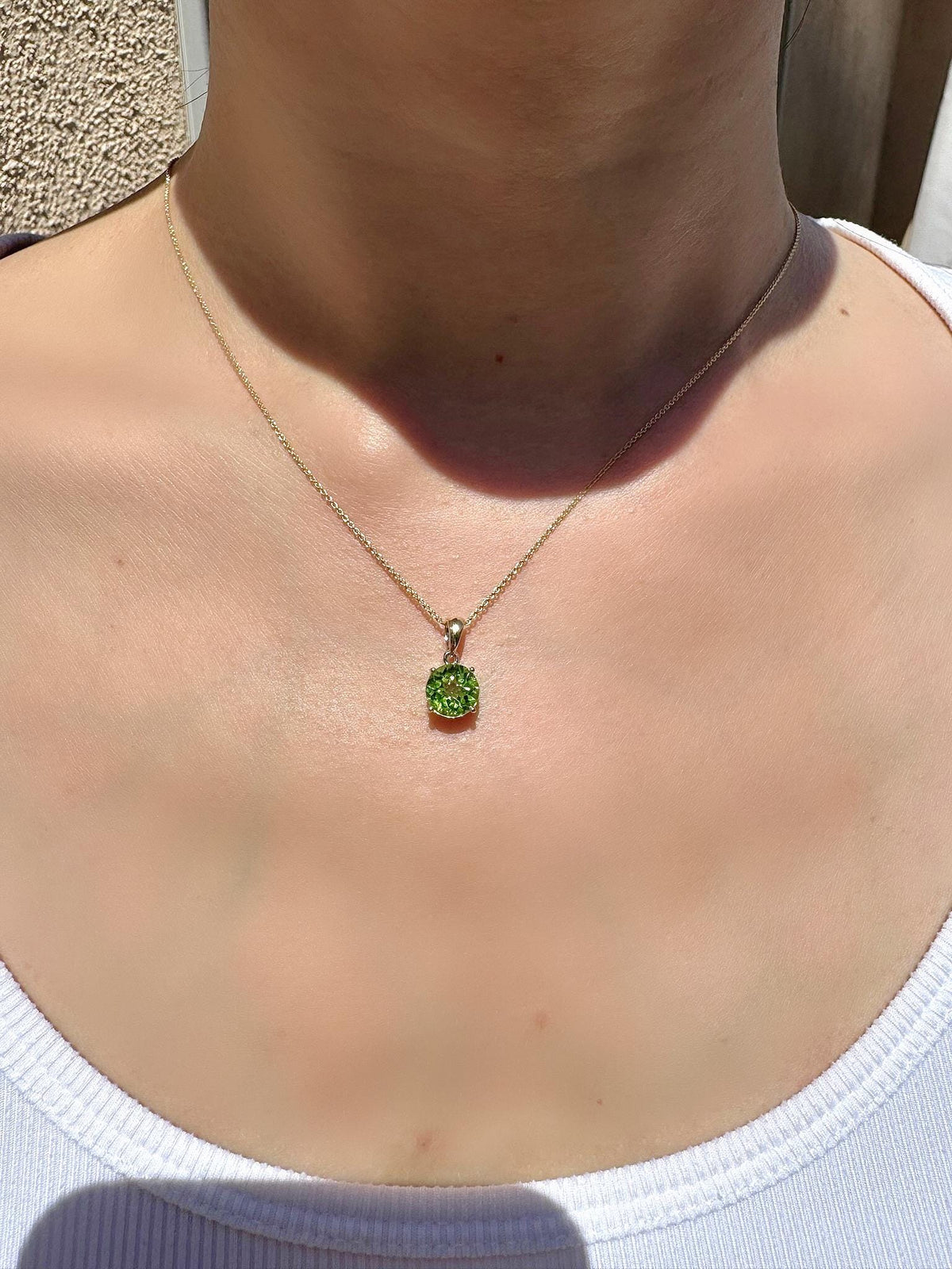 Genuine Peridot Solitaire Round 7mm Pendant in 14k Solid Gold