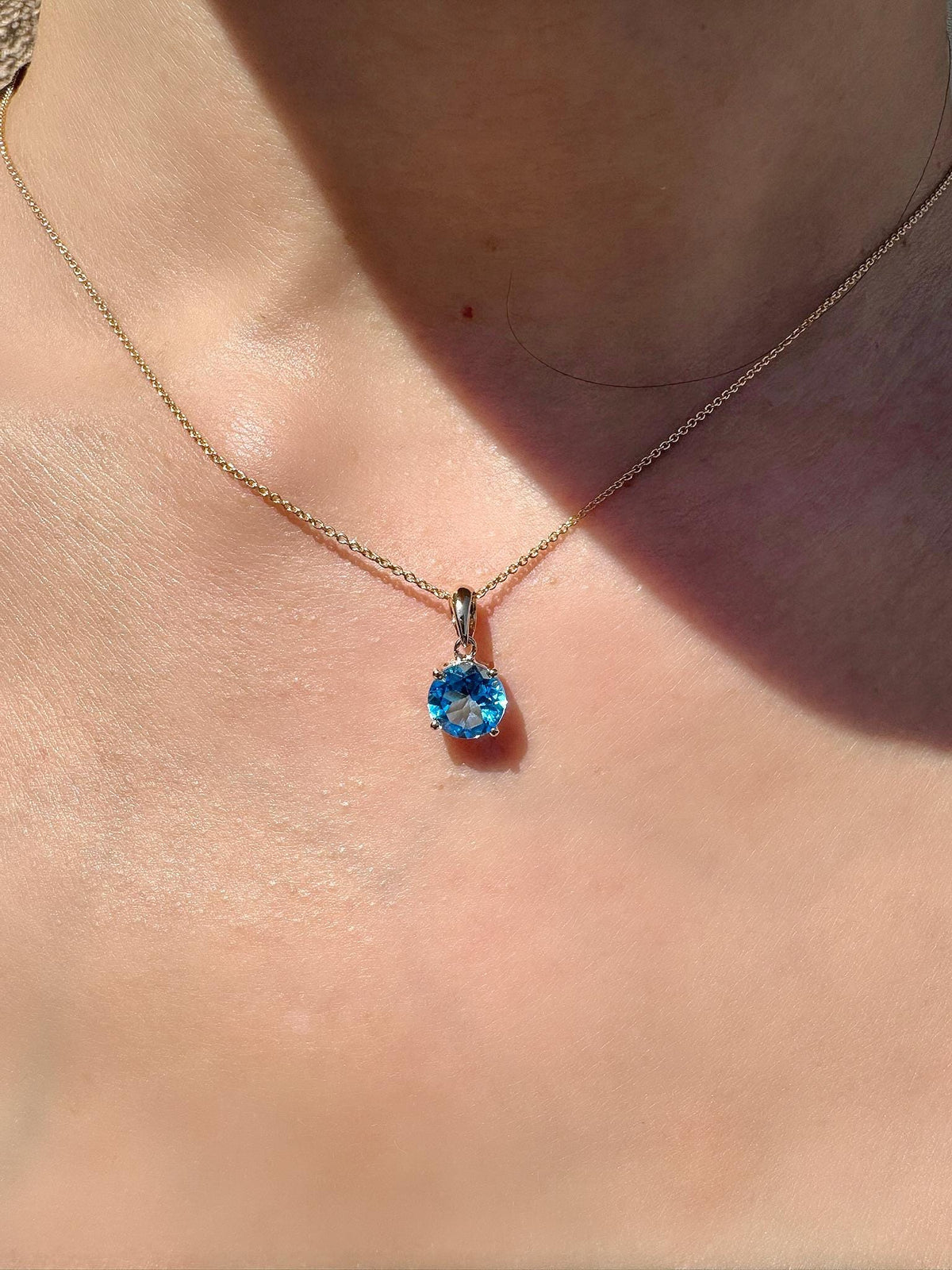 Genuine Blue Topaz Solitaire Round Cut Pendant, 7mm, 14k Solid Gold, December Birthstone