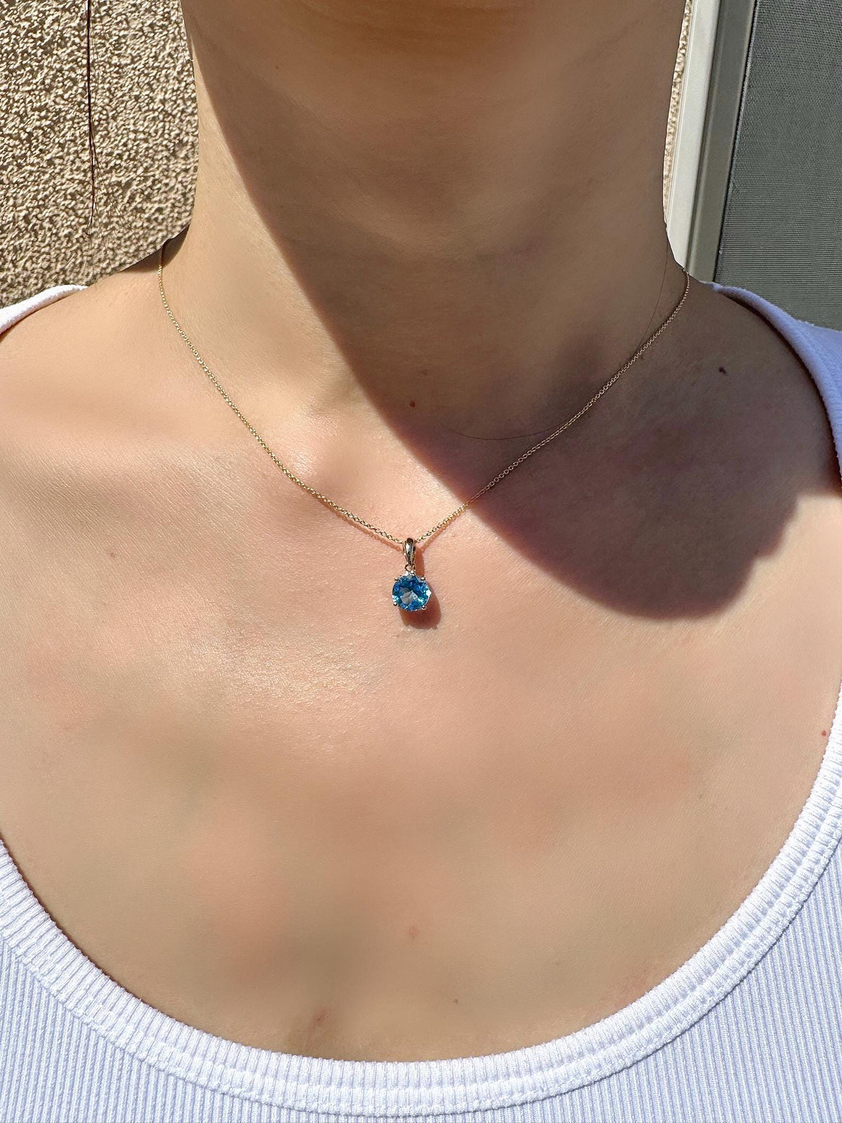 Genuine Blue Topaz Solitaire Round Cut Pendant, 7mm, 14k Solid Gold, December Birthstone