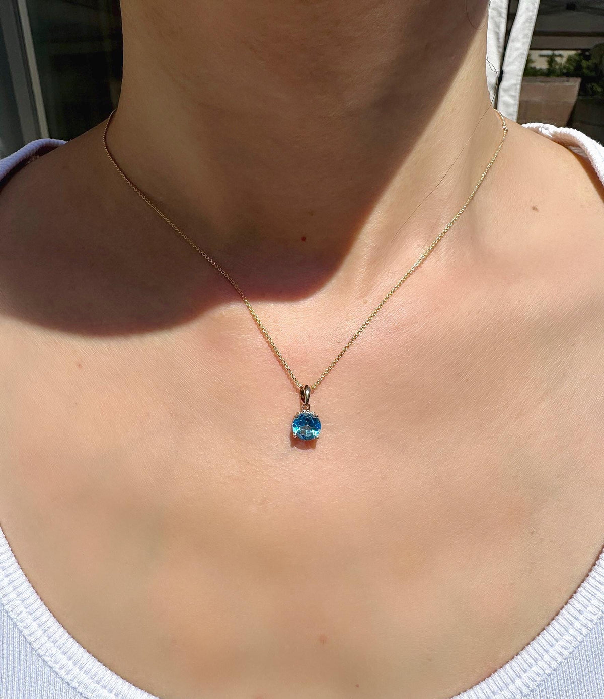Genuine Blue Topaz Solitaire Round Cut Pendant, 7mm, 14k Solid Gold, December Birthstone