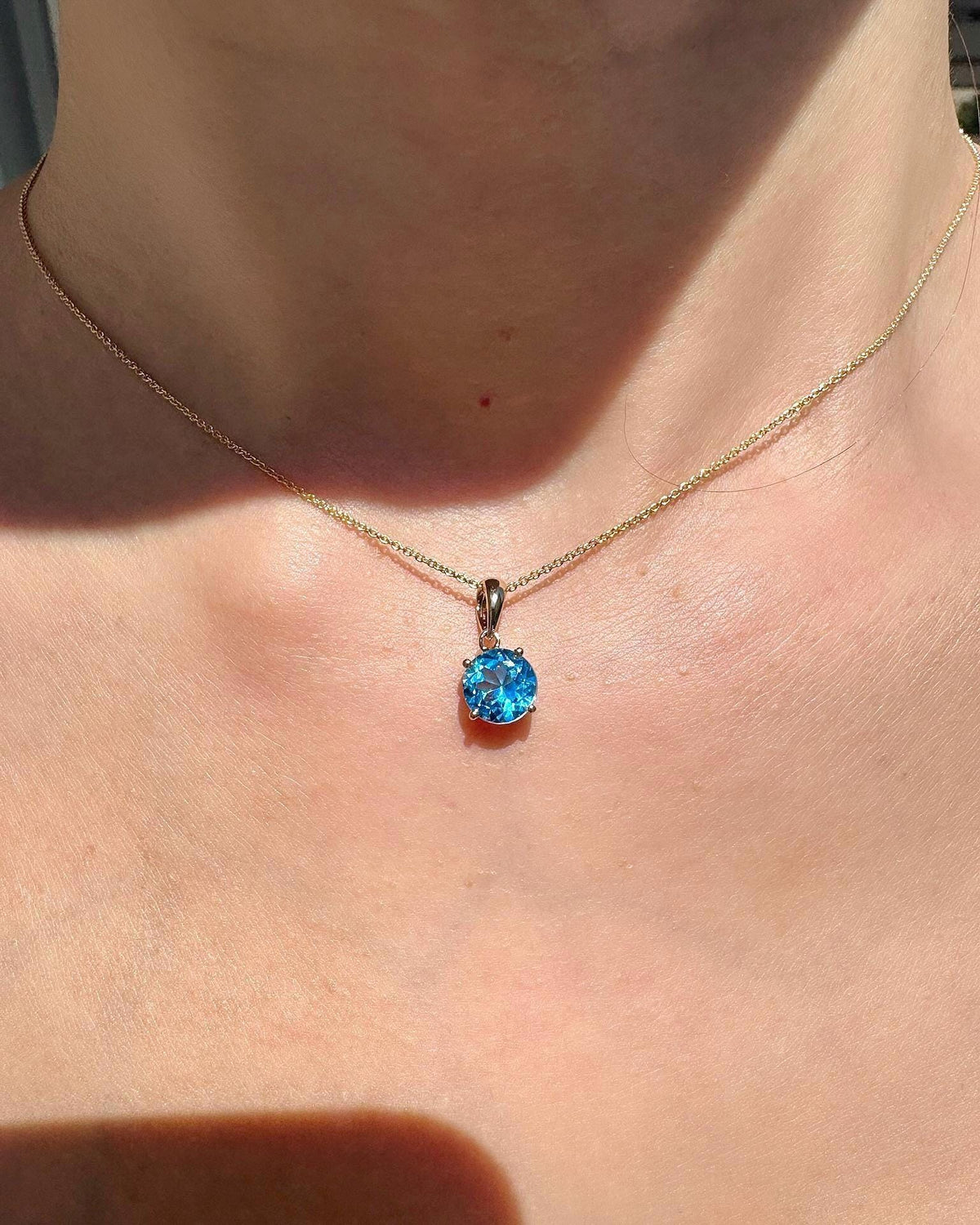 Genuine Blue Topaz Solitaire Round Cut Pendant, 7mm, 14k Solid Gold, December Birthstone