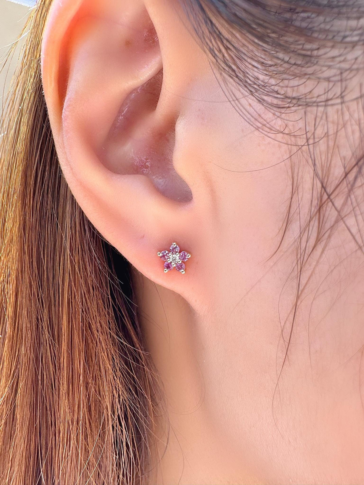 14k Solid Yellow Gold Dark Pink Sapphire Diamond Flower Stud Earrings, September Birthstone Gift