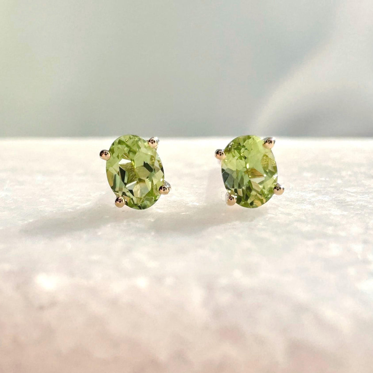 Genuine Peridot Oval Cut Stud Earrings (Mini) / 14K Solid Gold