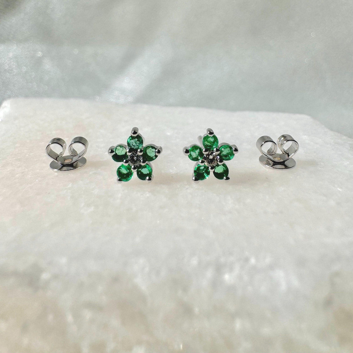 Genuine Emerald and Diamond Flower Stud Earrings / 14k Solid Gold