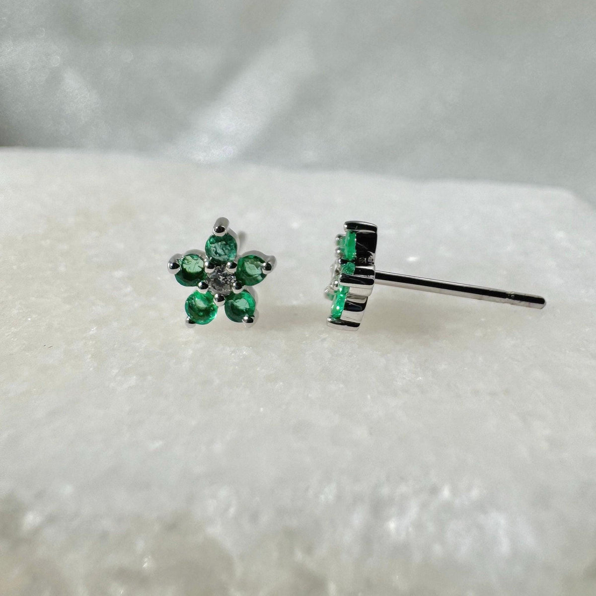 Genuine Emerald and Diamond Flower Stud Earrings / 14k Solid Gold