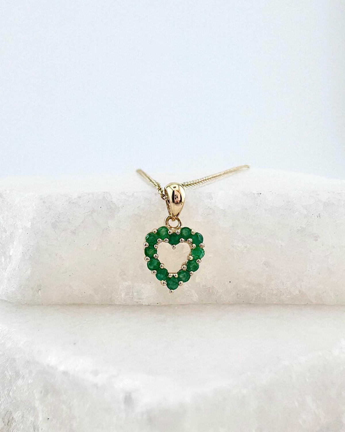 14k Solid Gold Emerald Heart Outline Pendant, Natural Emeralds, May Birthstone Gift