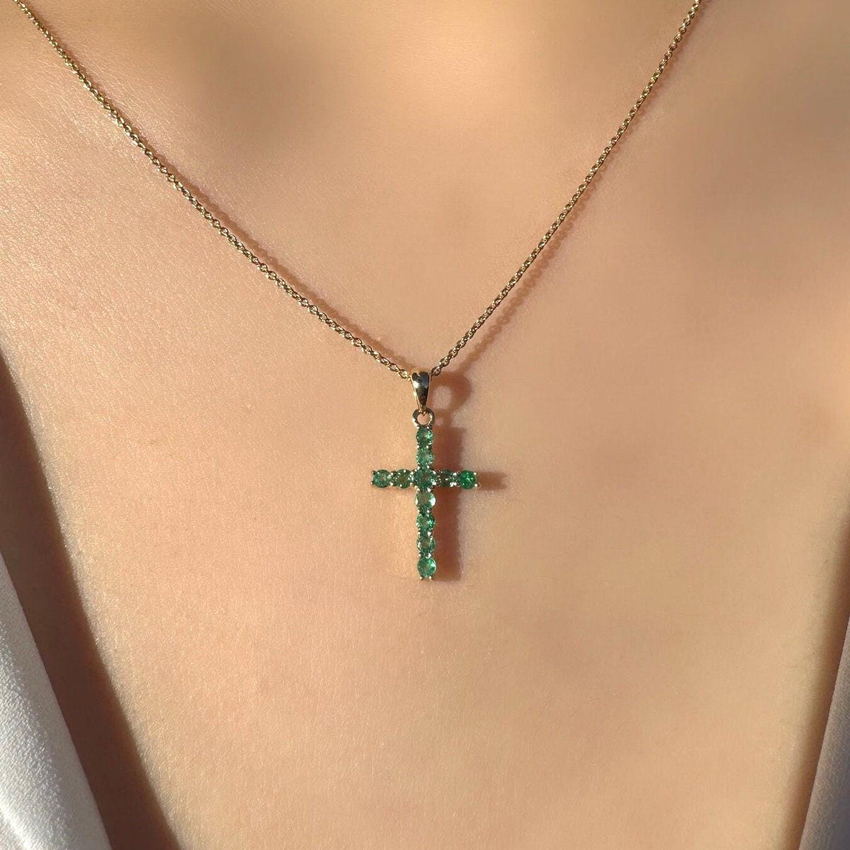 Genuine Emerald Round Cut Cross Pendant, Large, 14k Solid Gold, May Birthstone Gift