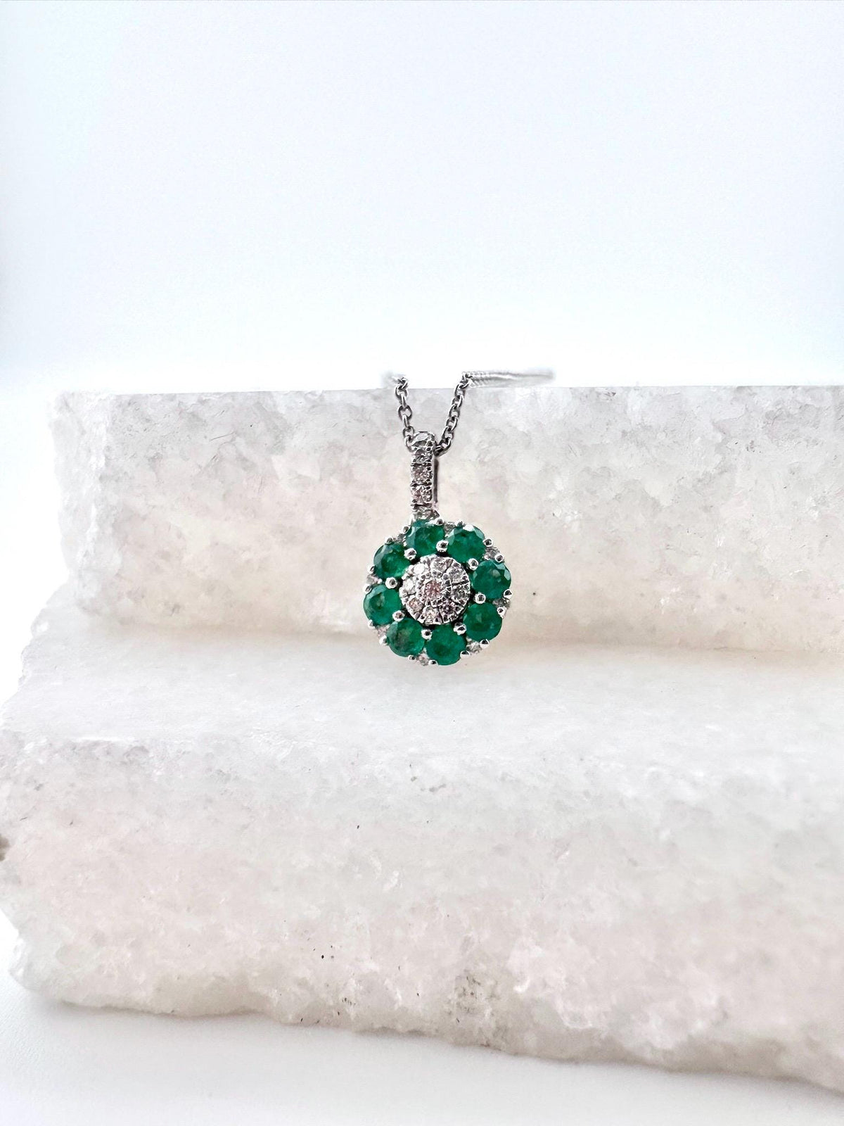 Genuine Emerald and Diamond Round Cluster Pendant | 14k Solid Gold