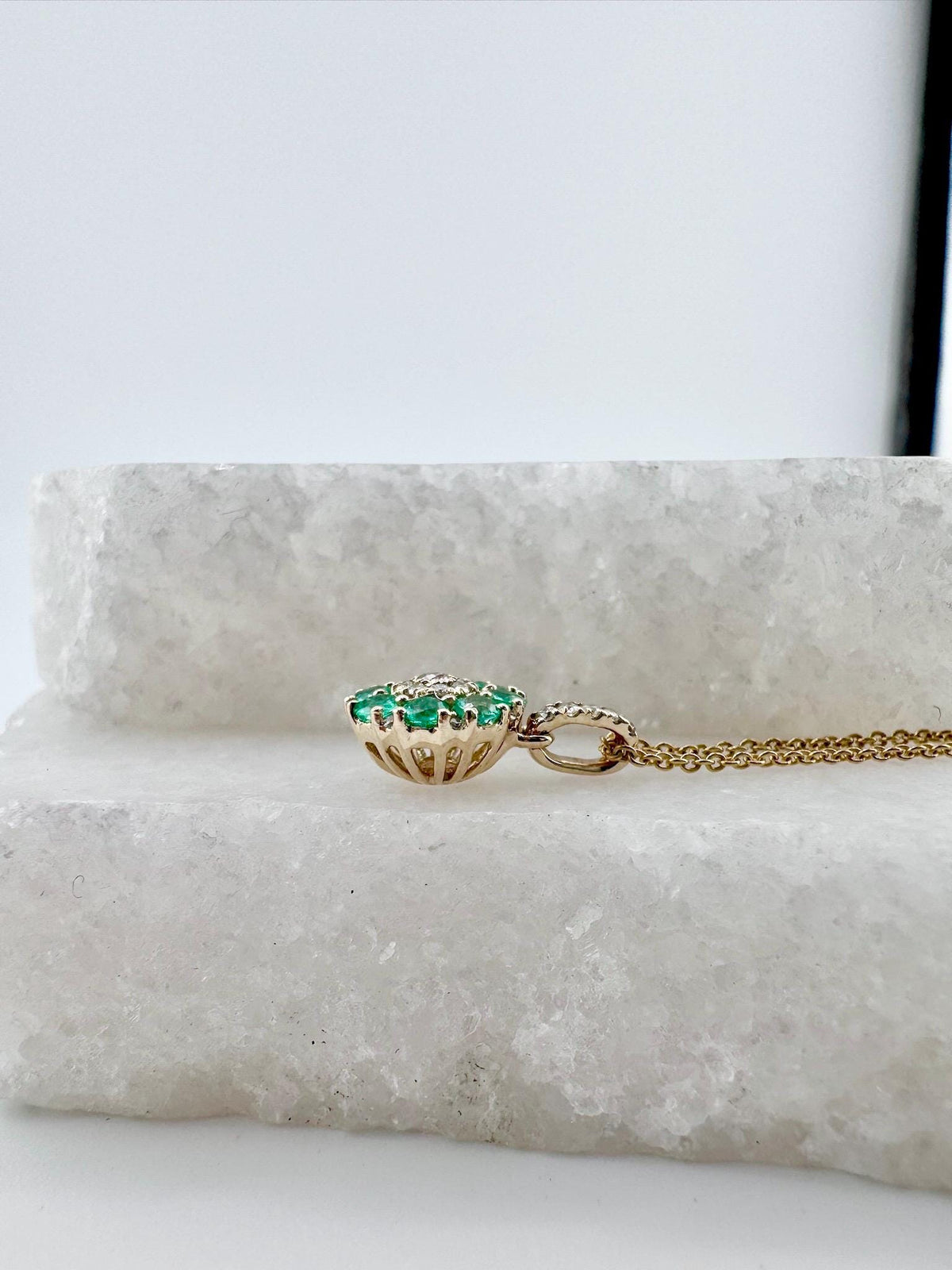 Genuine Emerald and Diamond Round Cluster Pendant | 14k Solid Gold