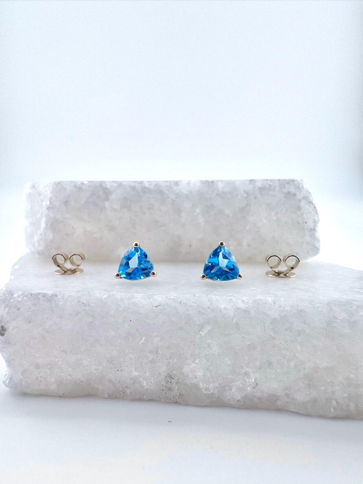 Genuine Blue Topaz Trillion Cut Stud Earrings, 14k Solid Gold, December Birthstone