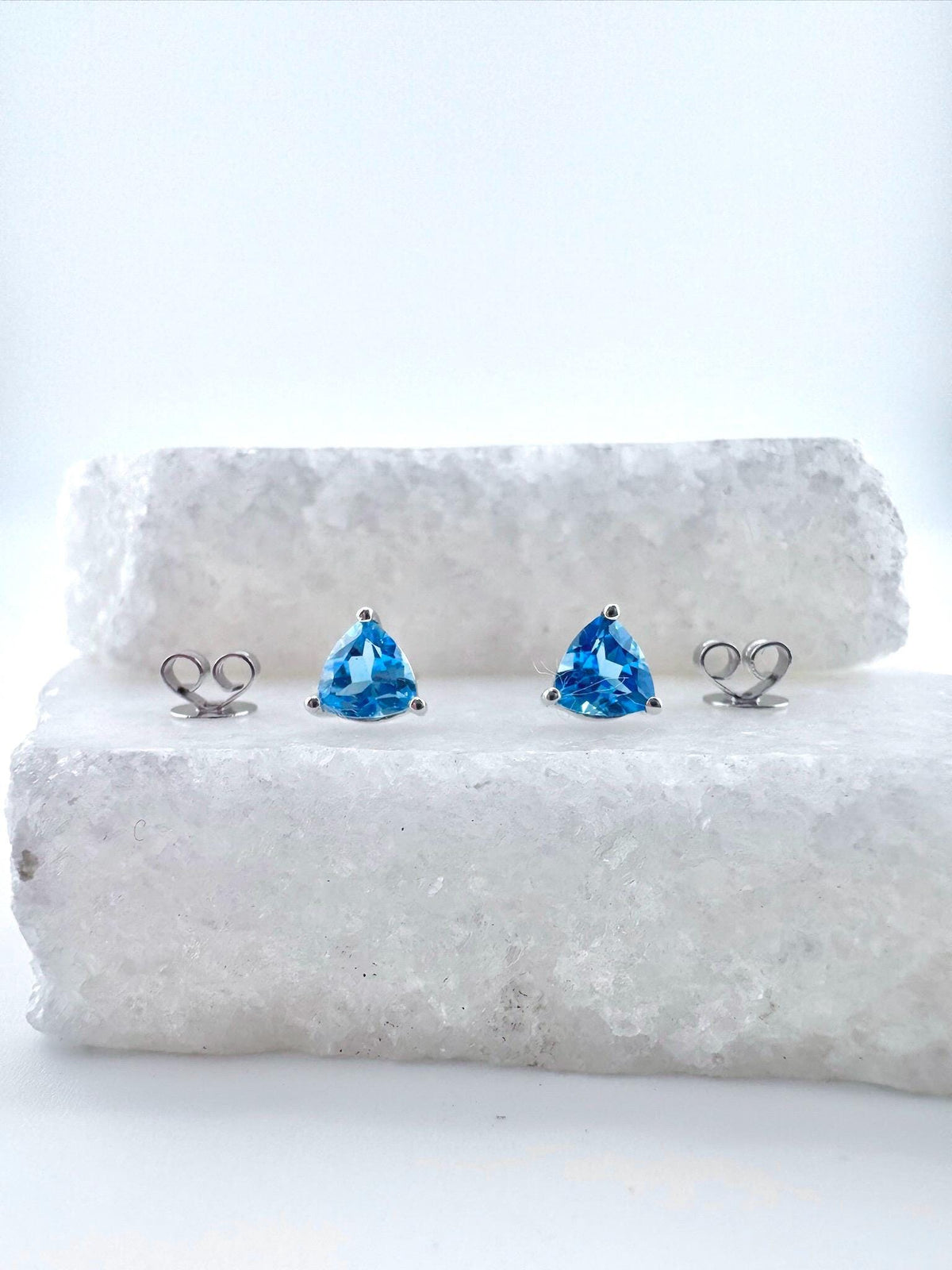 Genuine Blue Topaz Trillion Cut Stud Earrings, 14k Solid Gold, December Birthstone